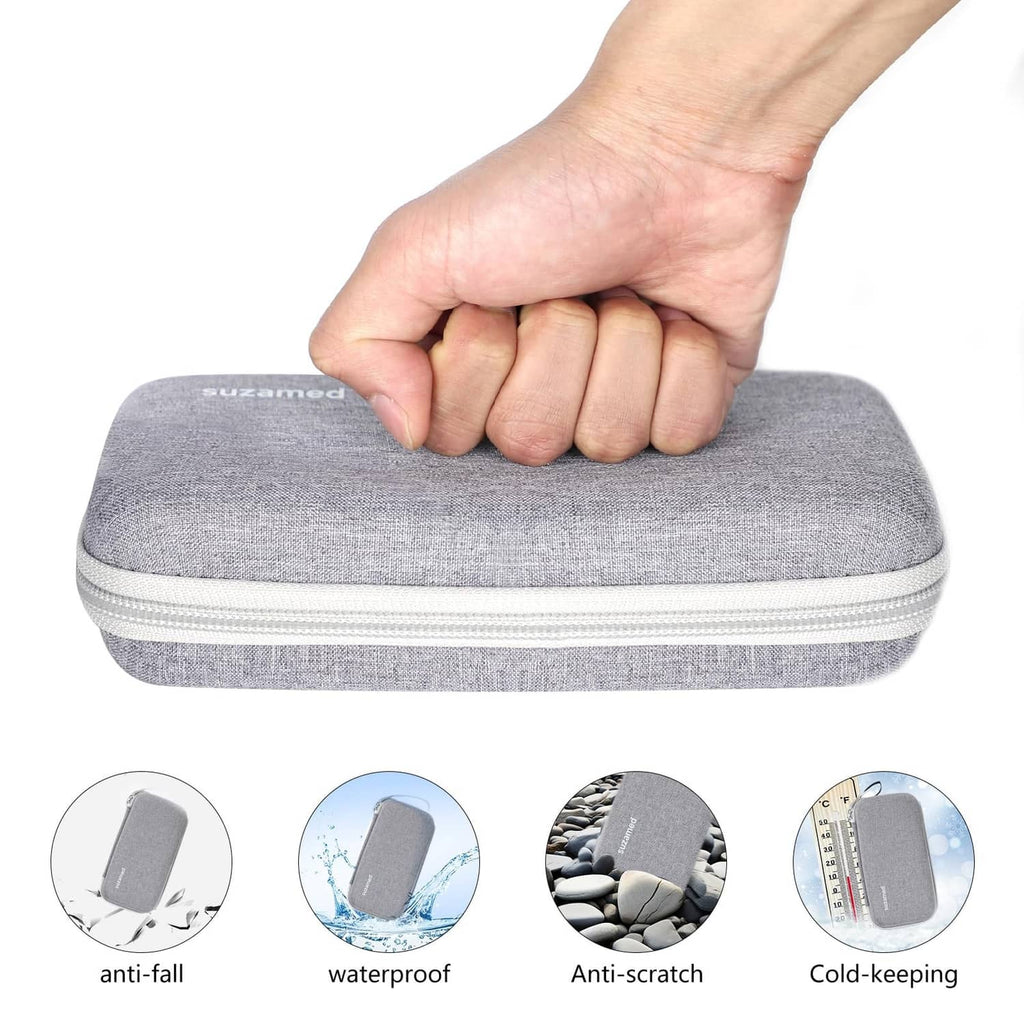 Grey insulin cooler travel case top with zipper, gripped handle for easy carry