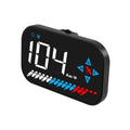 Black HUD digital speedometer displaying 104 km/h with blue/red progress bars