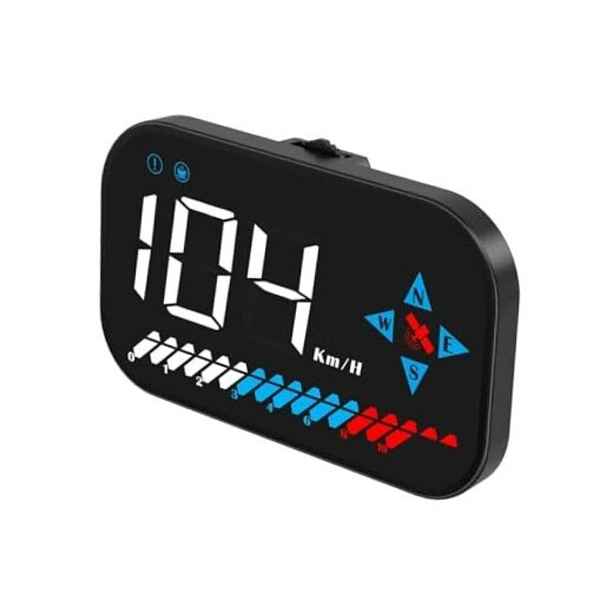 Black HUD digital speedometer displaying 104 km/h with blue/red progress bars