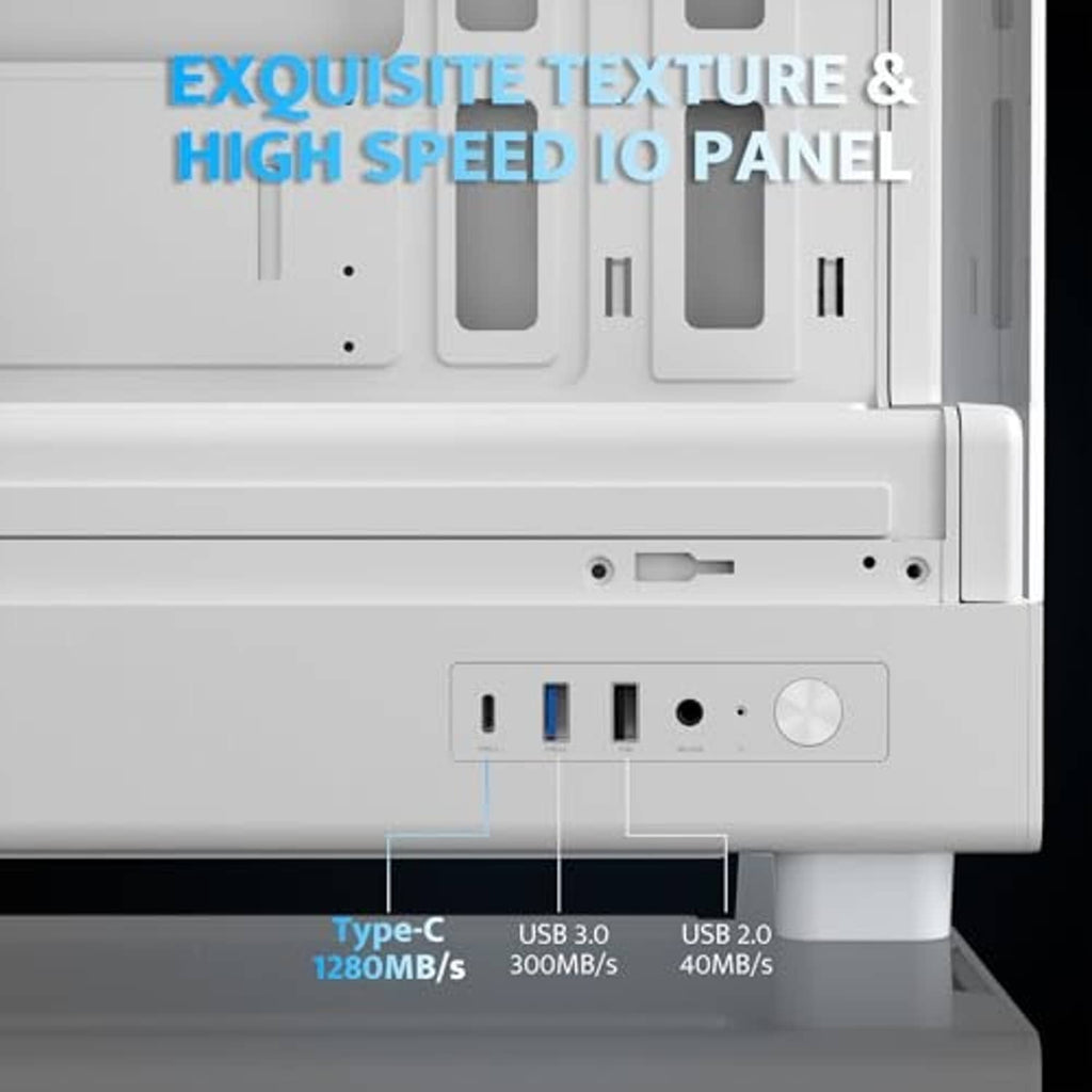 White micro-ATX PC case front panel with Type-C, USB, and audio ports