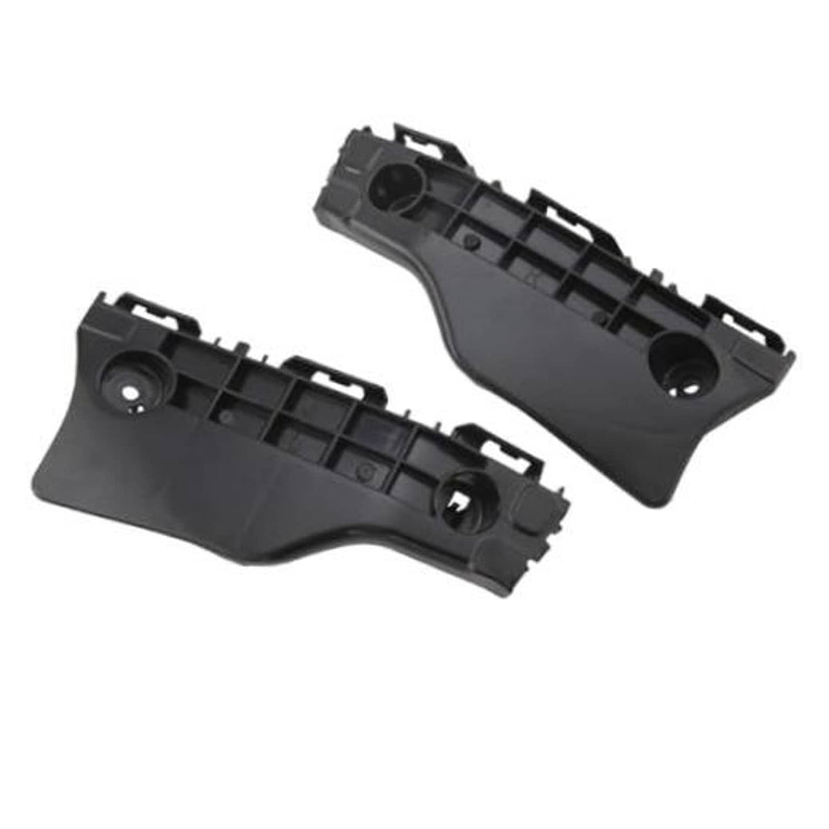 Black plastic front bumper mounting bracket pair with circular holes and tabs