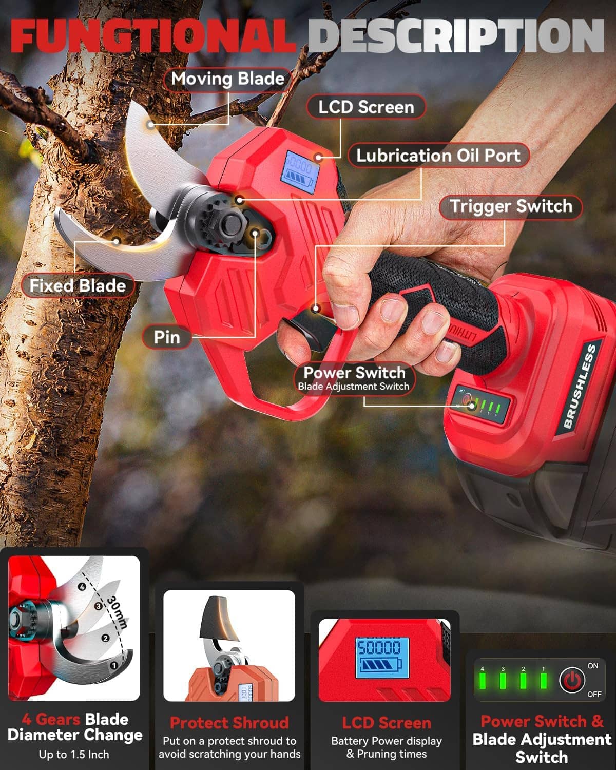 Red pruning shears showing LCD screen, trigger switch, and adjustable blade settings