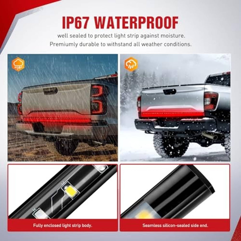 LED tailgate light strip with enclosed body and waterproof sealed design