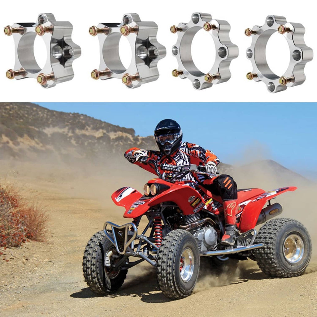 Wheel spacers, silver flanged rings with gold bolts, multiple spacer angles shown