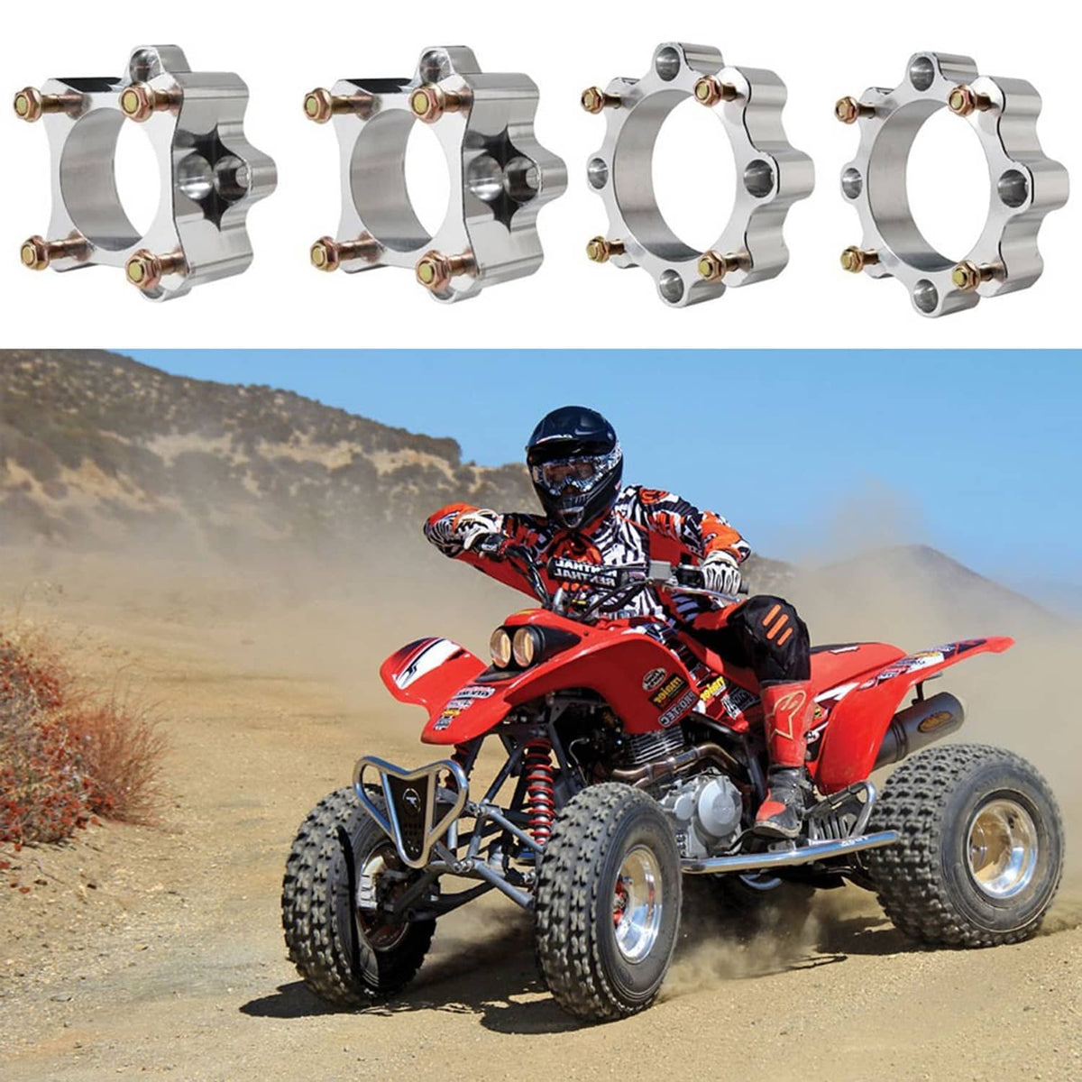 Wheel spacers, silver flanged rings with gold bolts, multiple spacer angles shown