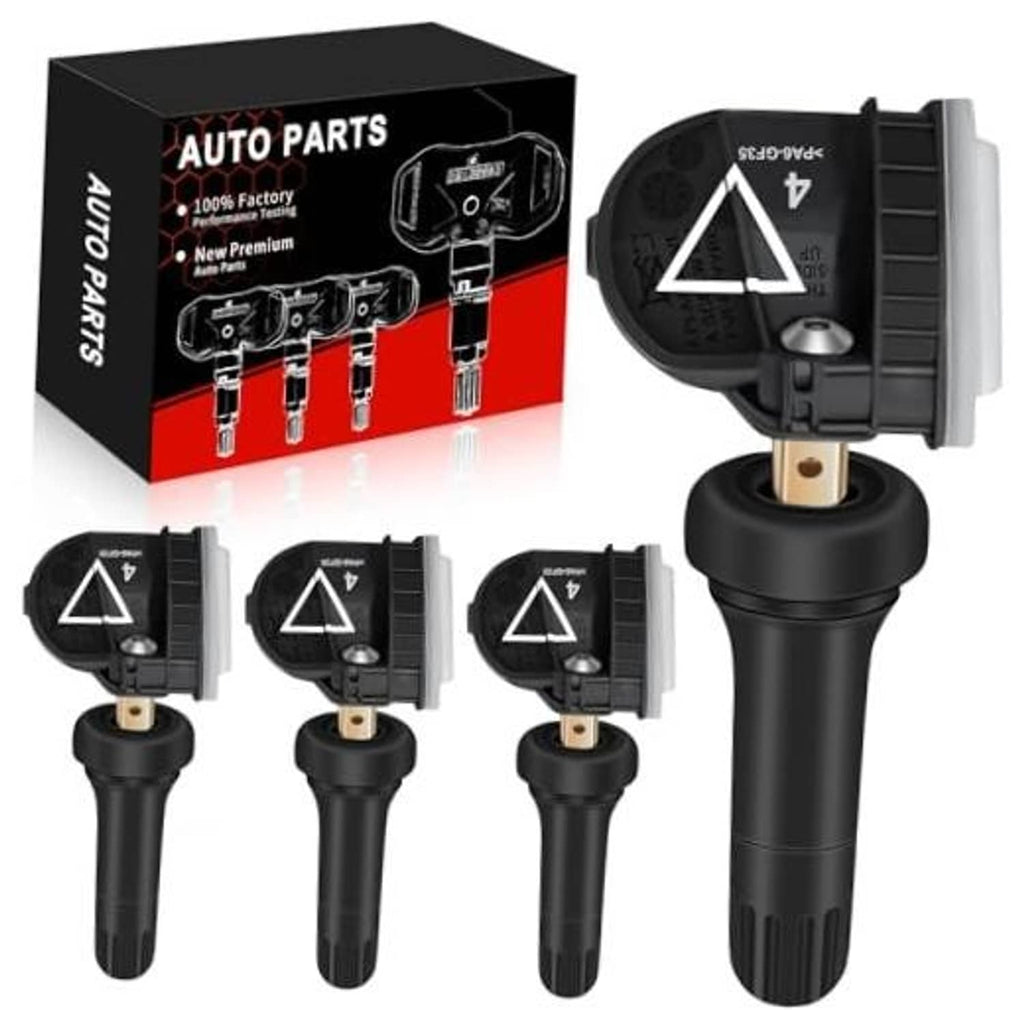 Set of black TPMS sensors with metal valve stem and warning triangle icon
