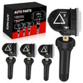Set of black TPMS sensors with metal valve stem and warning triangle icon