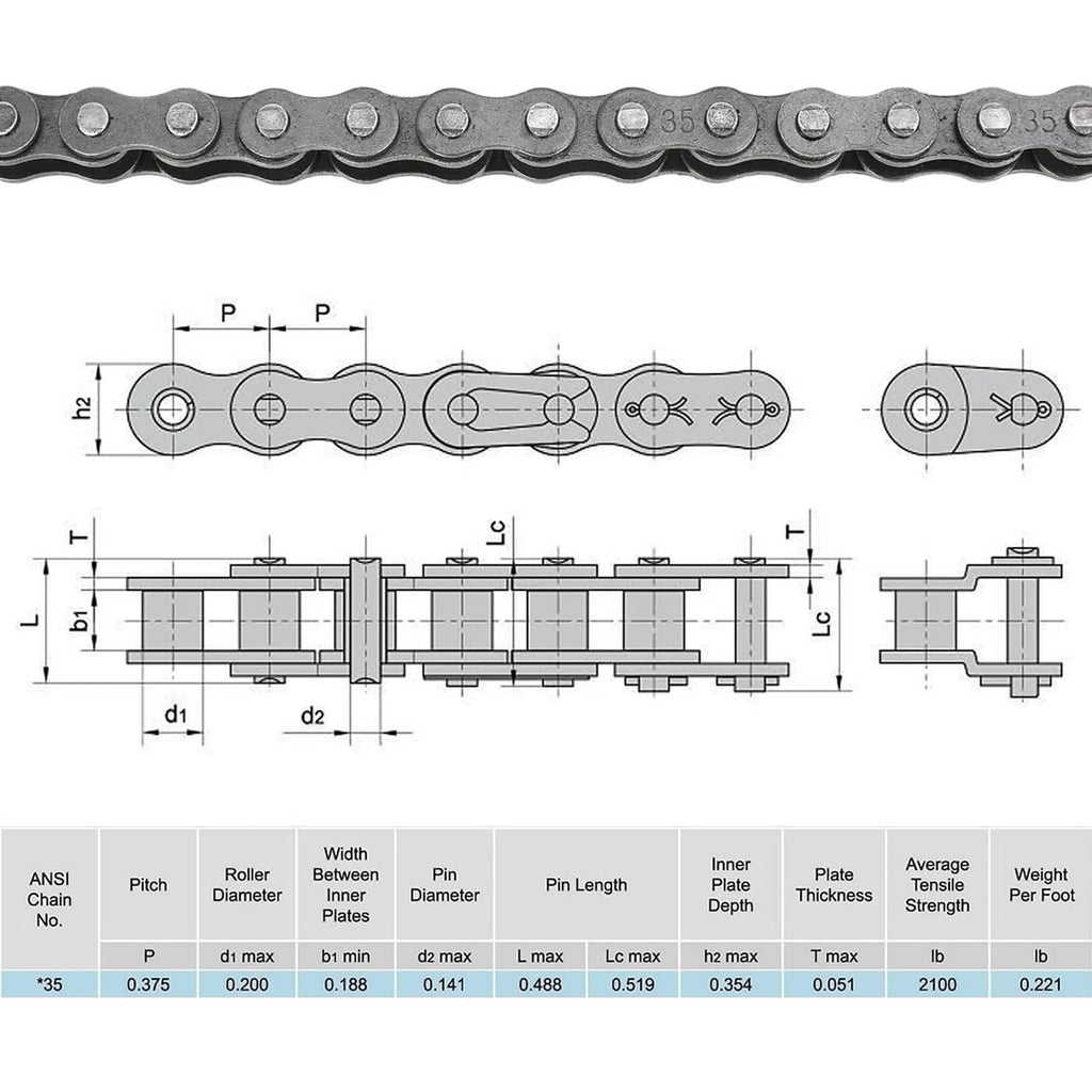 #35 roller chain technical drawing with pitch and dimension labels