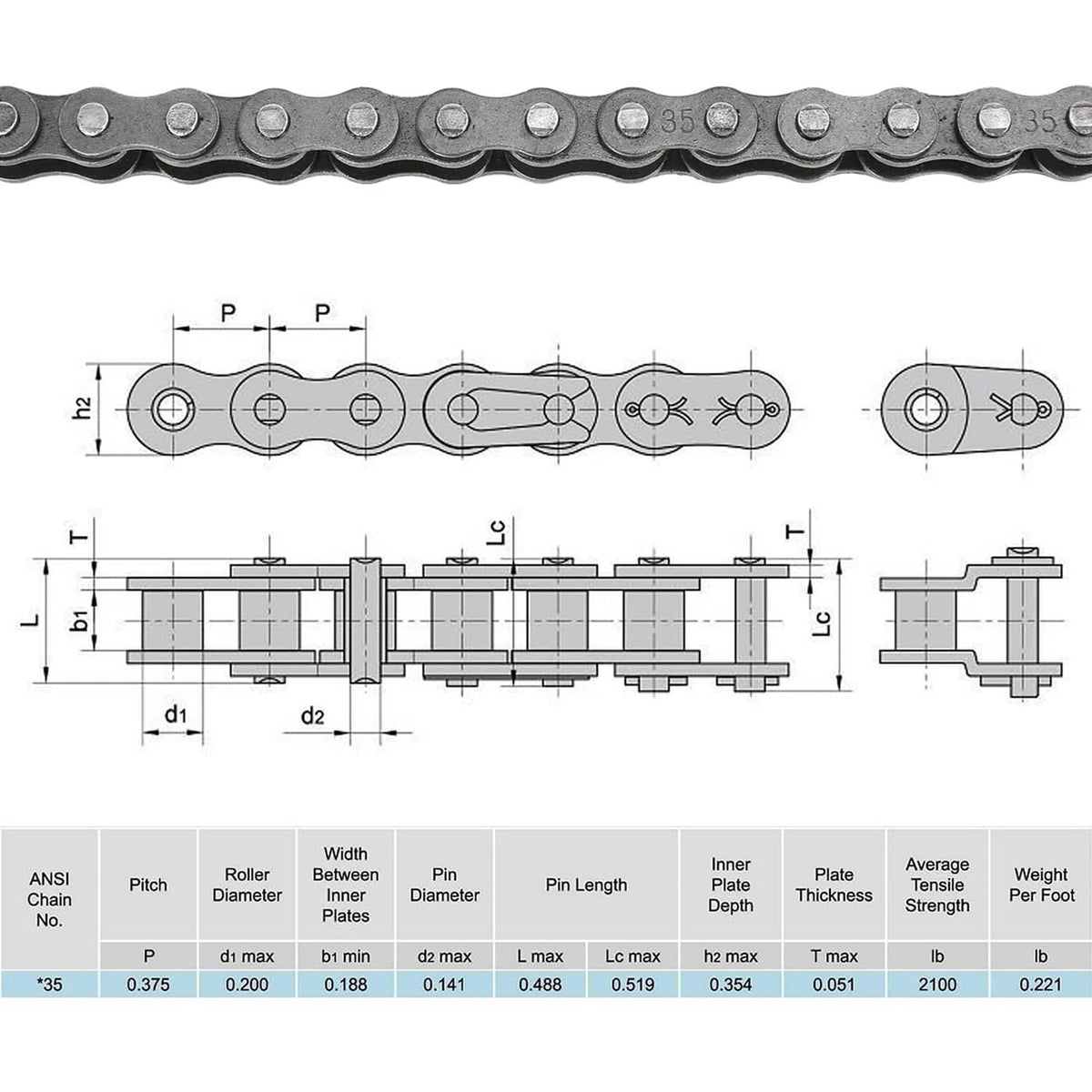 #35 roller chain technical drawing with pitch and dimension labels