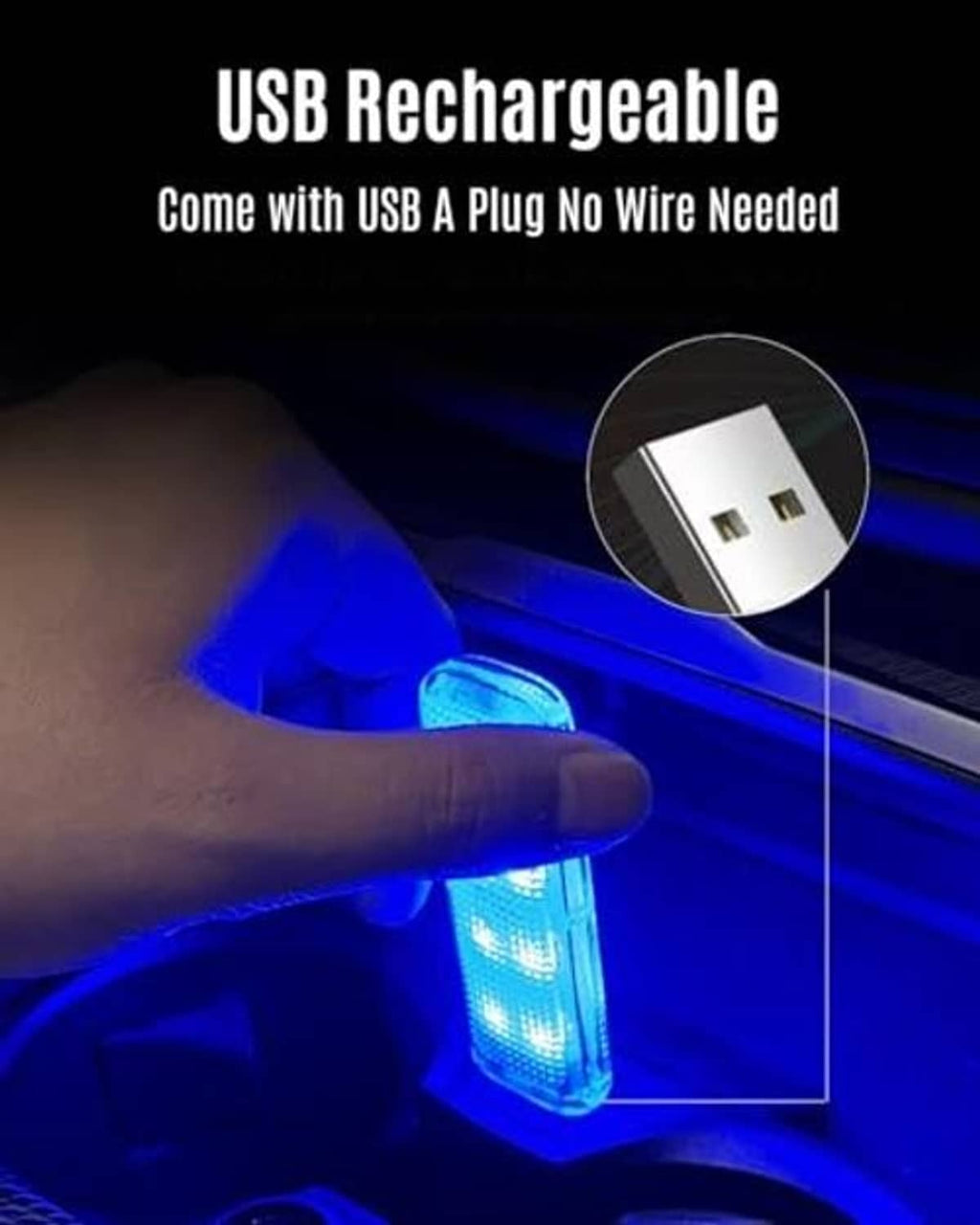 USB rechargeable car LED neon light bar emitting blue light; hand near installed unit