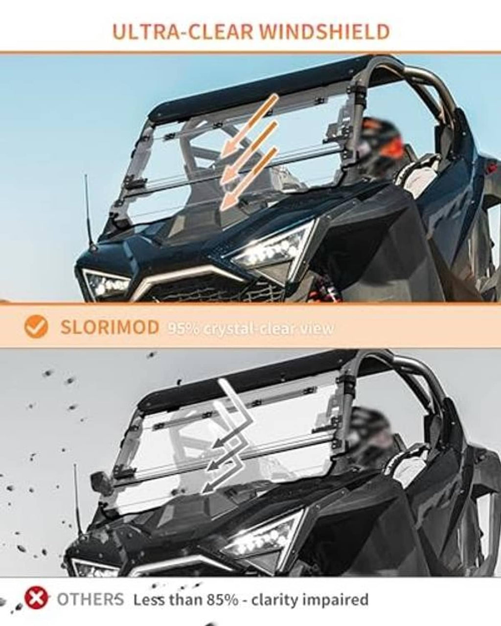 Ultra-clear flip-up windshield with black frame mounted on a UTV