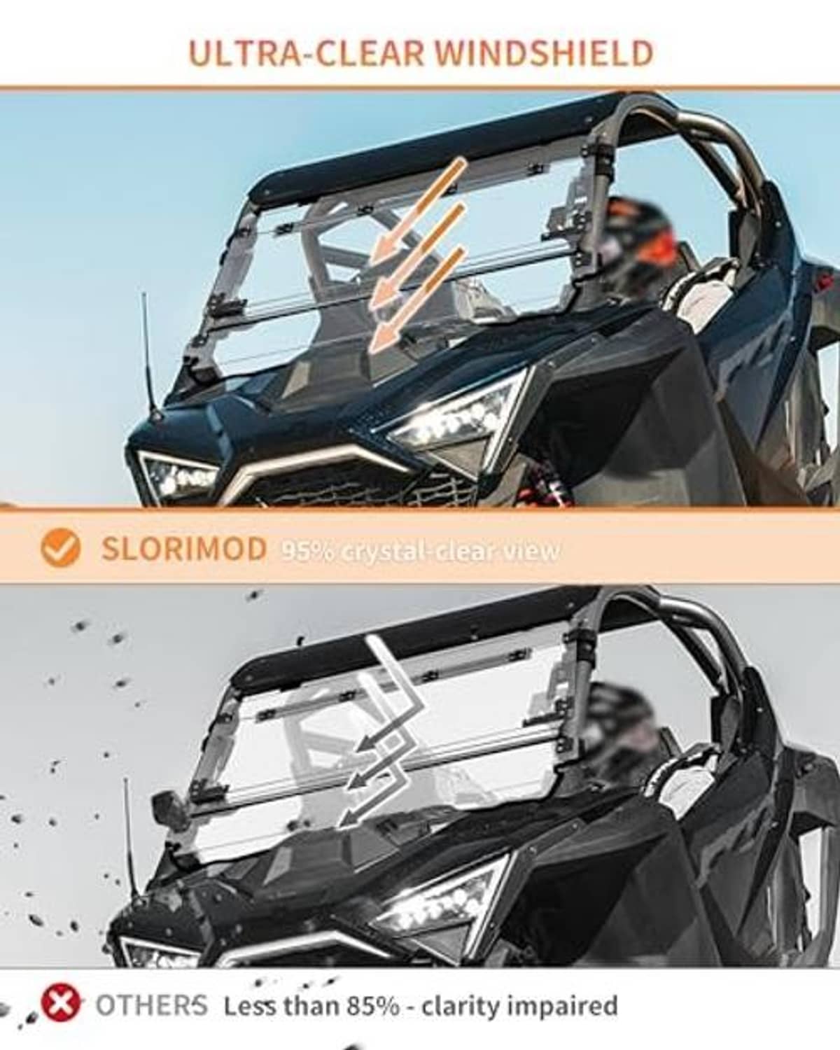 Ultra-clear flip-up windshield with black frame mounted on a UTV