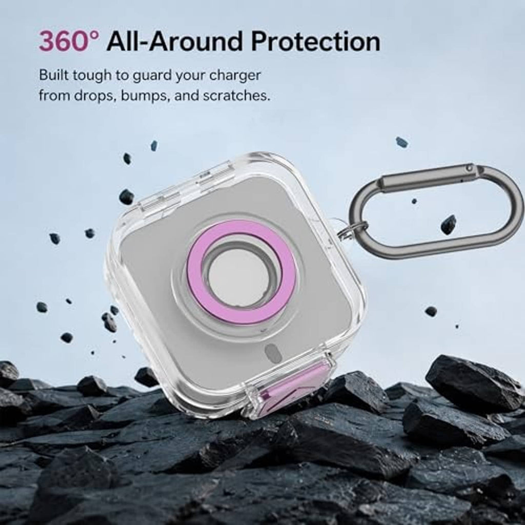 Clear TPU charger protector case with purple ring insert and carabiner clip on rocks