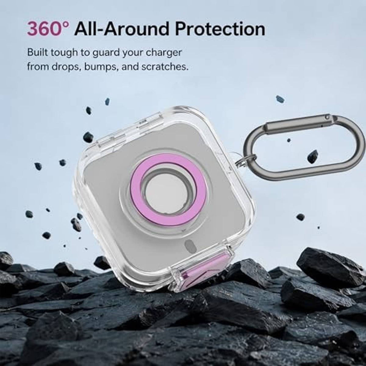 Clear TPU charger protector case with purple ring insert and carabiner clip on rocks