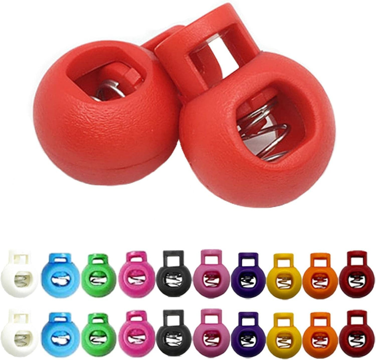 Plastic knitting needle stopper set, two red caps with spring insert and latch.