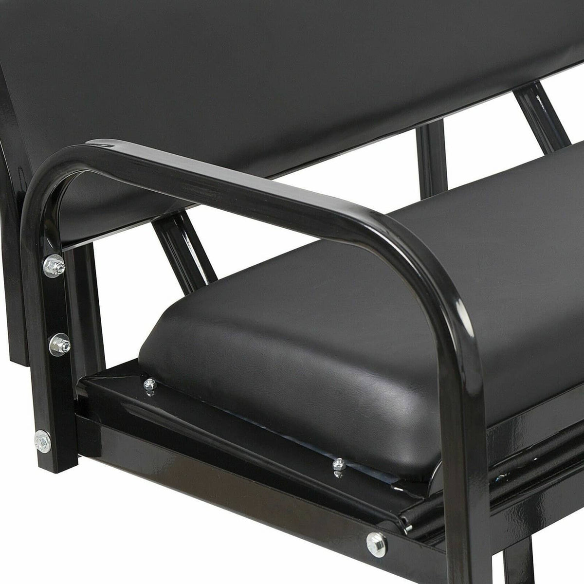 Black vinyl bench seat with armrest-style grab bar, mounted on black tubular frame