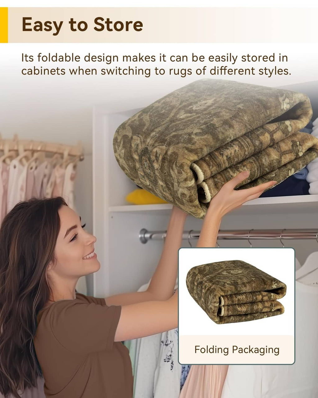 Folded rectangular area rug for easy storage, dark green ornate pattern