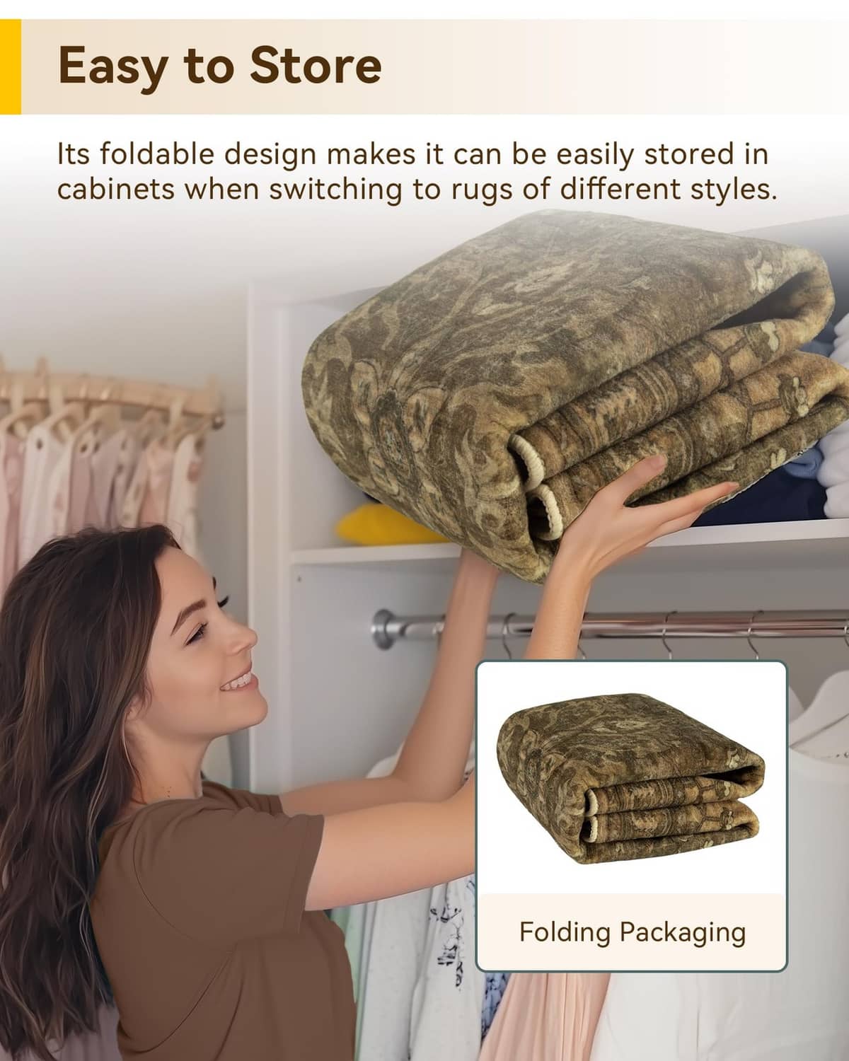 Folded rectangular area rug for easy storage, dark green ornate pattern