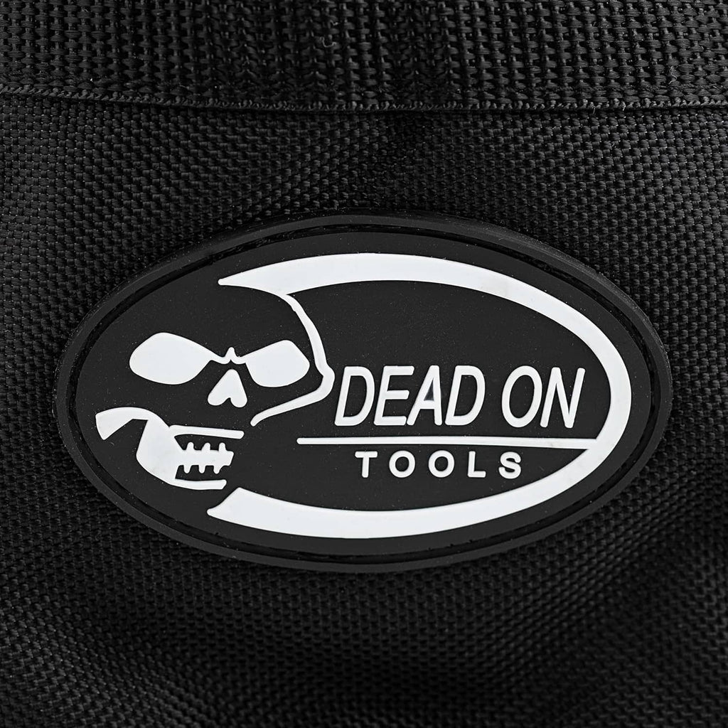 Close-up of black parachute bag oval patch logo reading DEAD ON TOOLS
