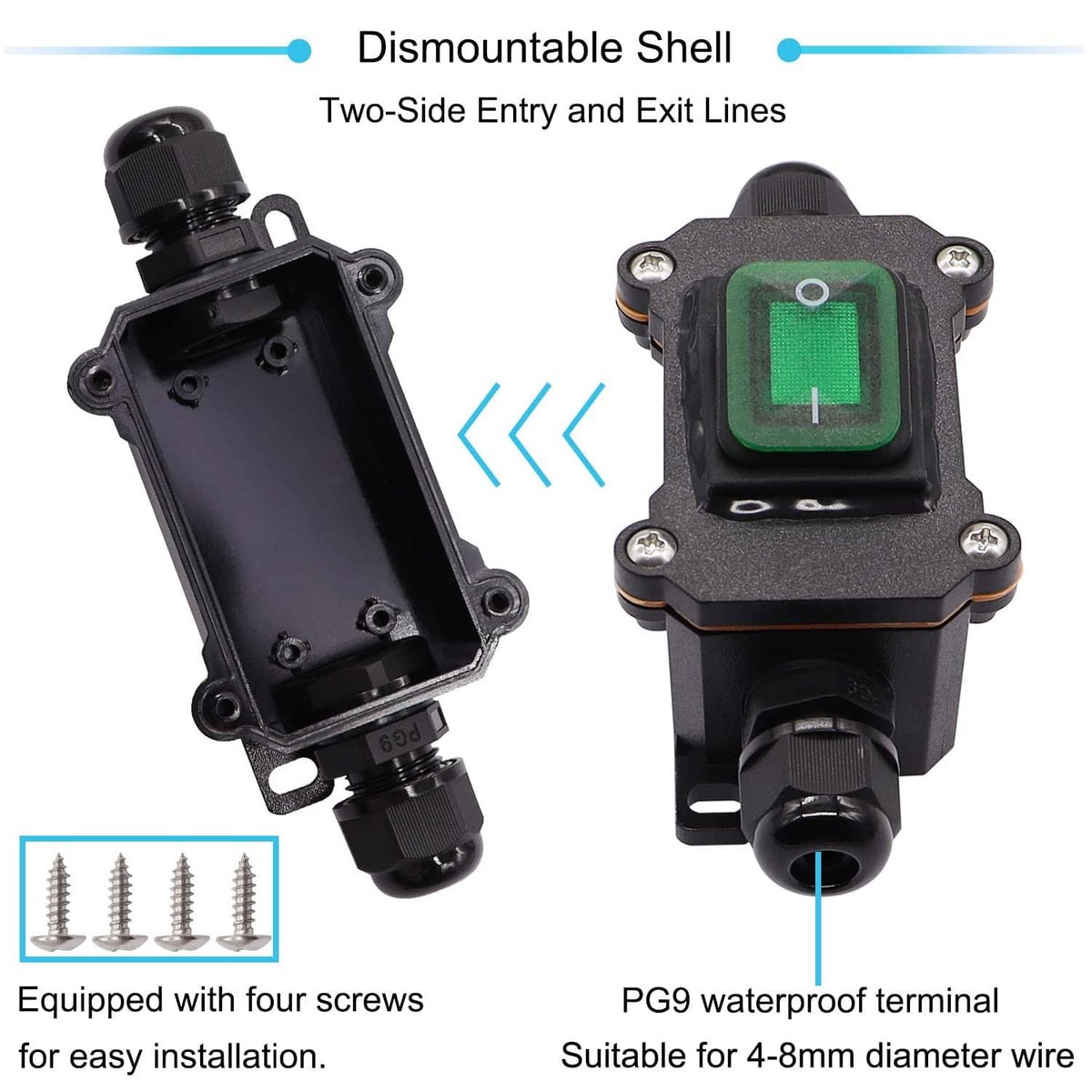 Inline waterproof cord switch with open shell, green rocker window, four-screw setup