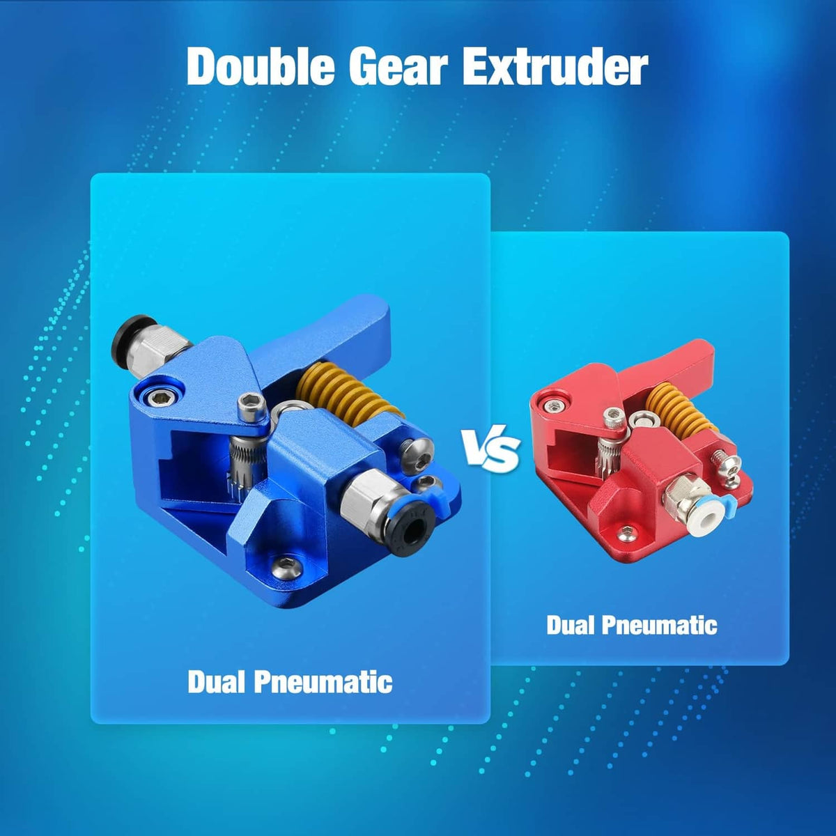 Dual-gear extruder comparison view showing blue gear extruder unit and pneumatic option