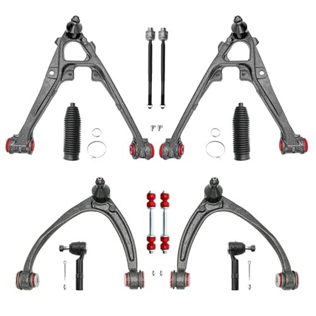 Front control arm suspension kit with two control arms, hardware, bushings, and boots