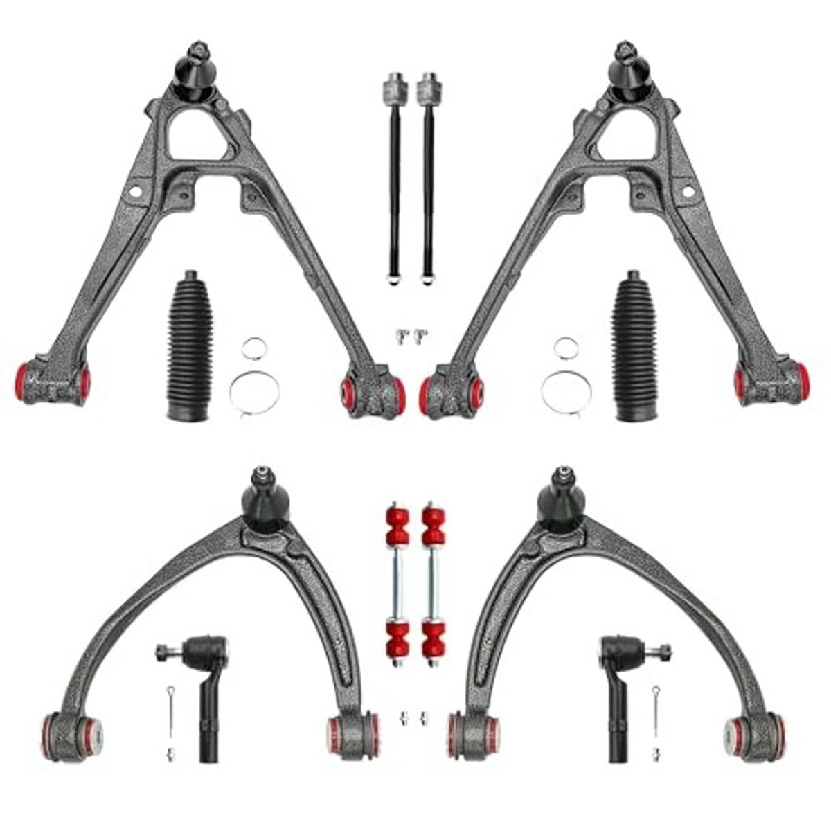 Front control arm suspension kit with two control arms, hardware, bushings, and boots