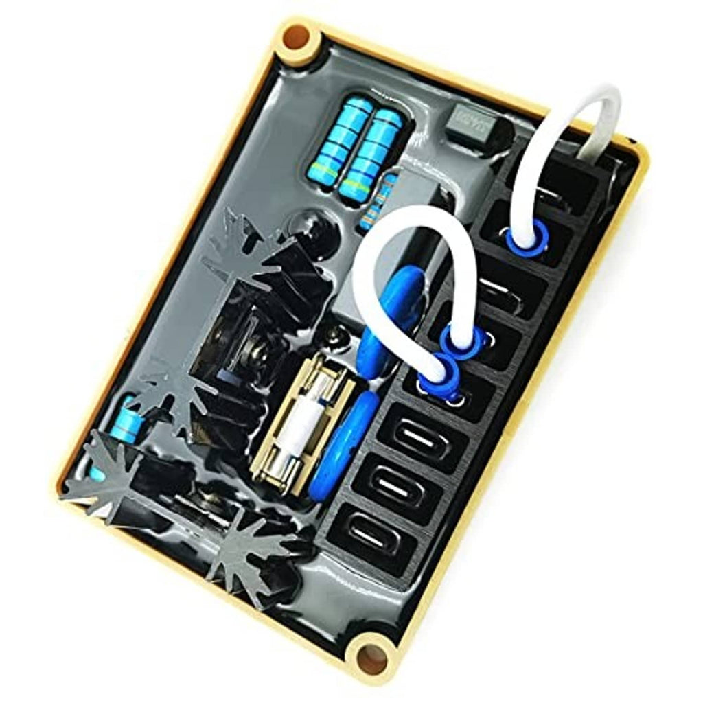 Automatic voltage regulator circuit board with grey panel, blue capacitors, and white wiring