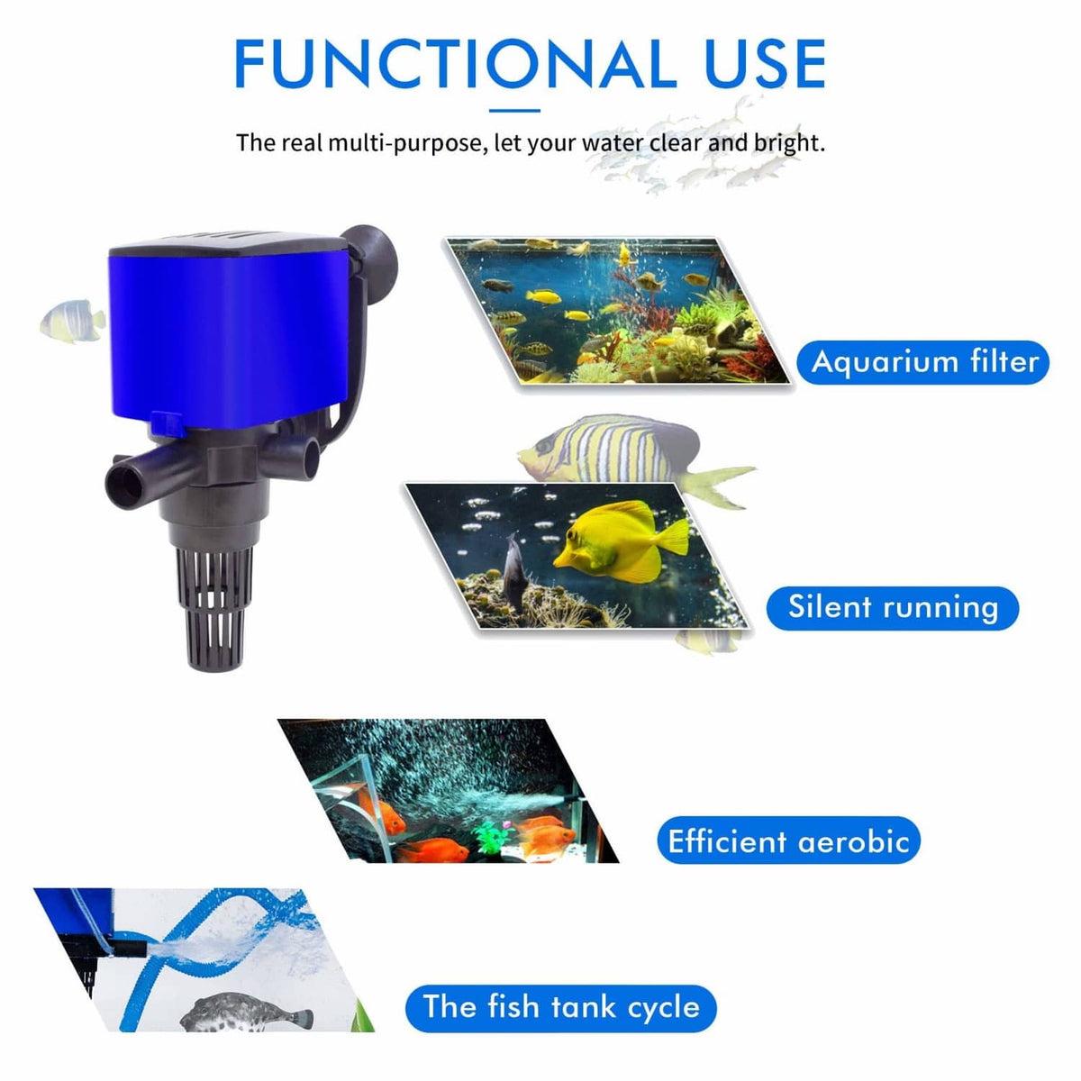 Submersible aquarium pump with blue motor housing and black outlet nozzles