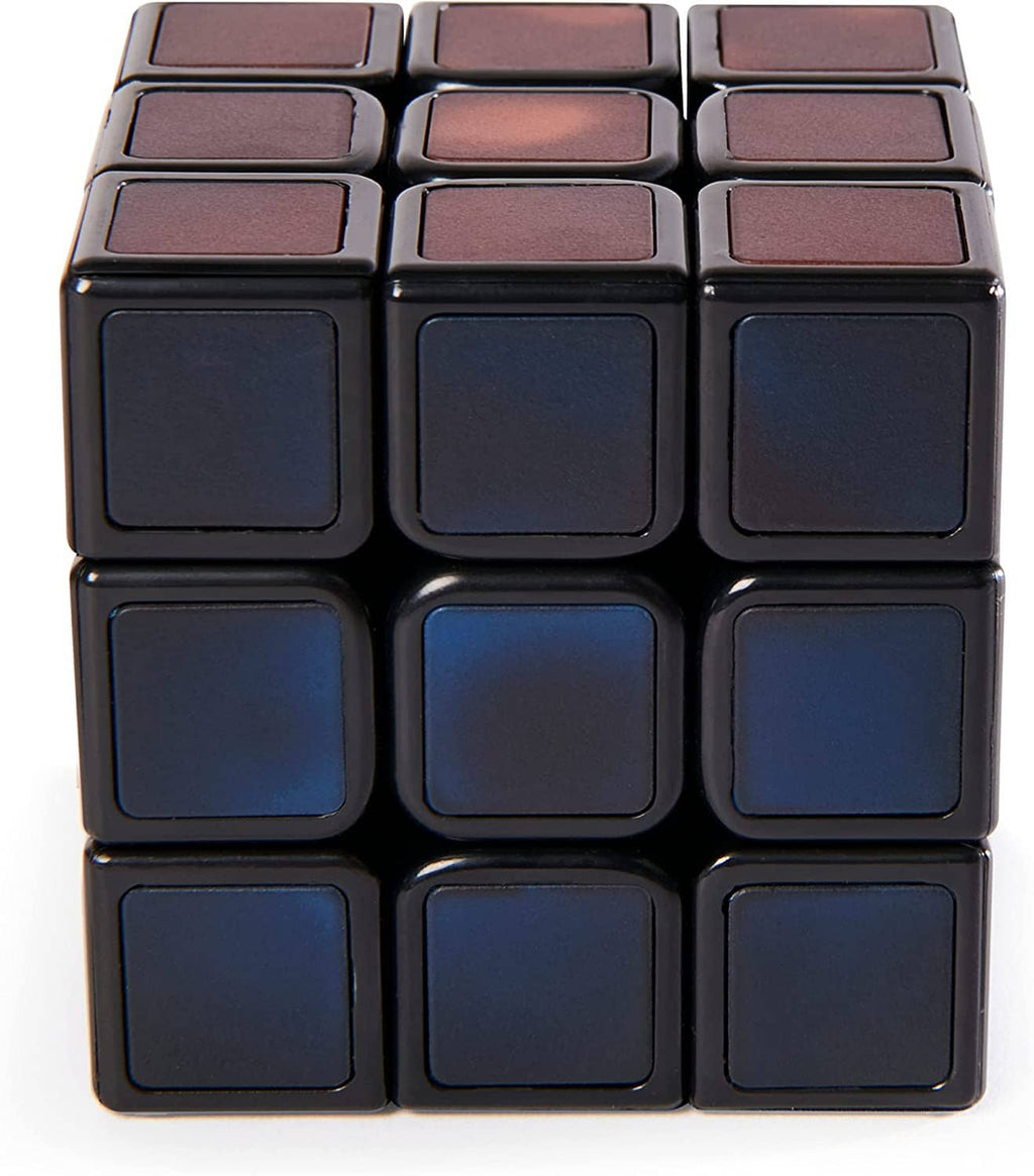 Close-up of 3x3 cube face with dark purple top tiles and blue-gray squares