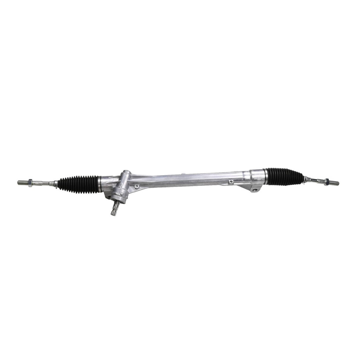 Power steering rack and pinion with black boots and two tie-rod end connections.