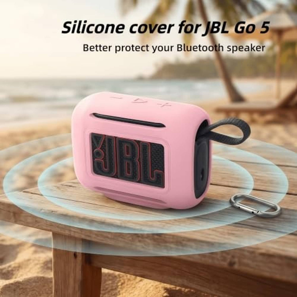 Pink silicone JBL Go 5 case with carry strap and protective bumper