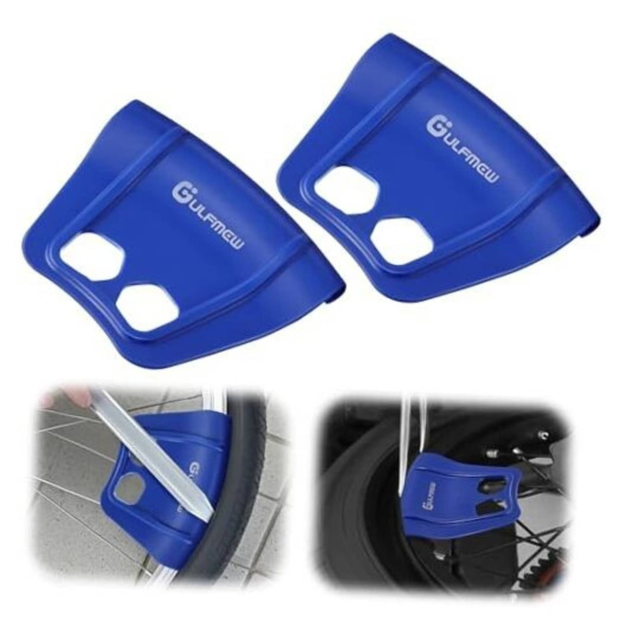 Blue 2-piece wheel rim protector kit with two curved guard pieces and slot cutouts