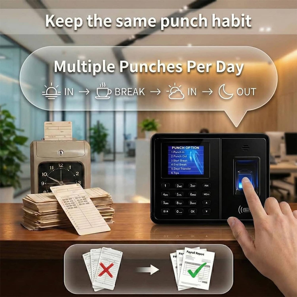 Time clock on a desk with paper reports and app bubbles for multiple punch actions