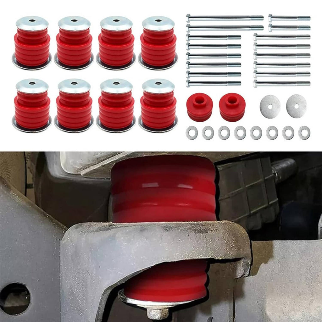 Red body cab mount bushing installed on a metal bracket with mounting bolt