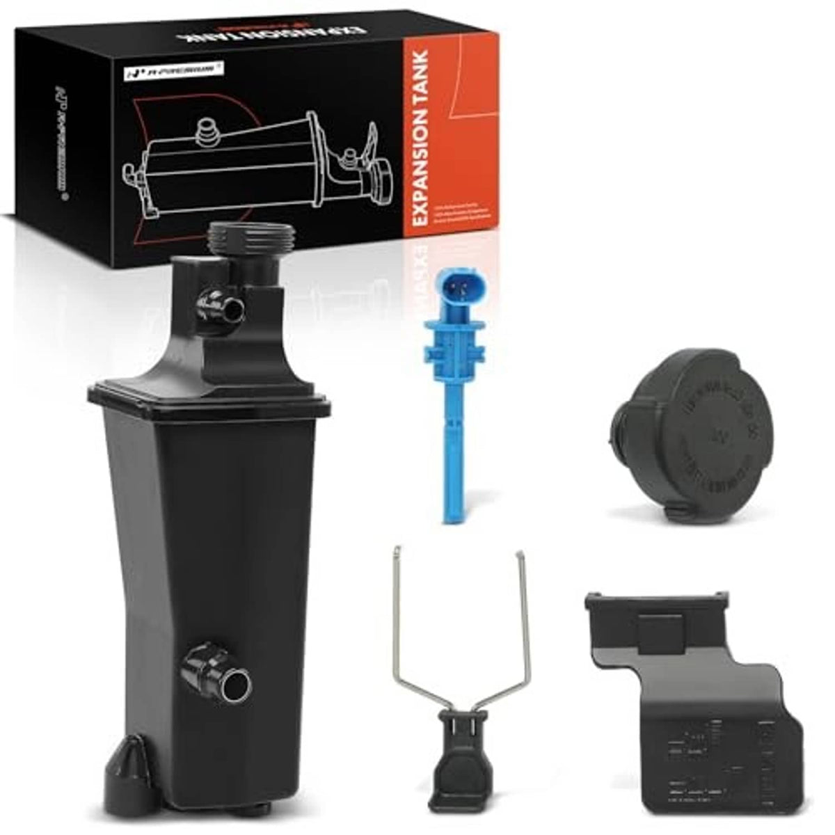 Coolant overflow reservoir tank kit with blue sensor, cap, clips, and mounting rod