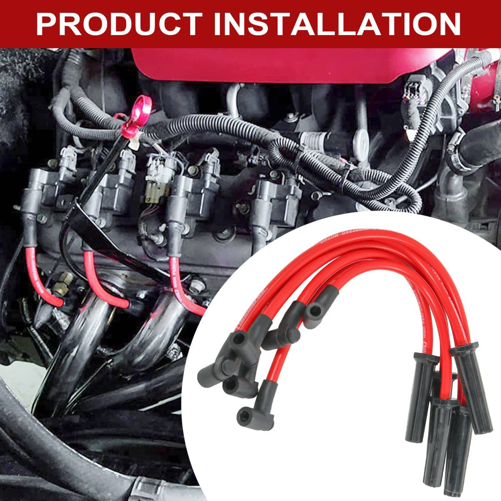 Red spark plug wire set installed on an engine bay with black boots and connectors