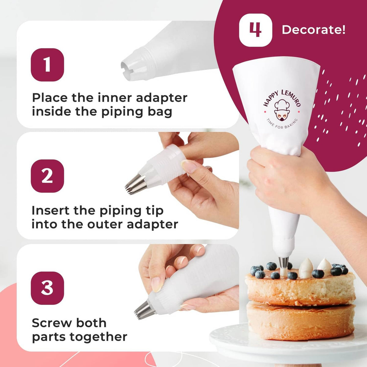 Reusable piping bag with inner adapter and stainless-steel piping tip attachment