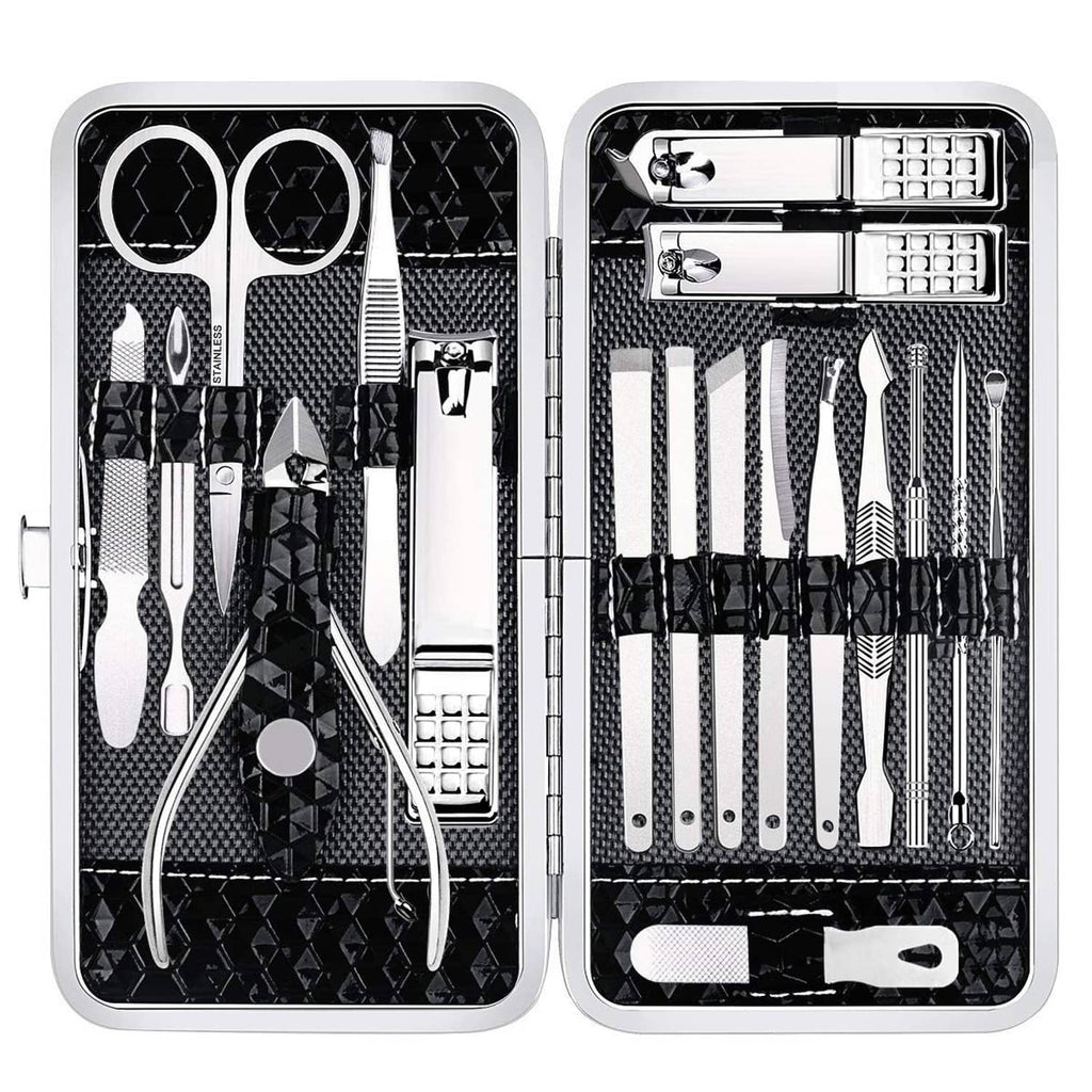 Nail clippers set in open metal case with multiple cutters and nail files