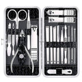 Nail clippers set in open metal case with multiple cutters and nail files