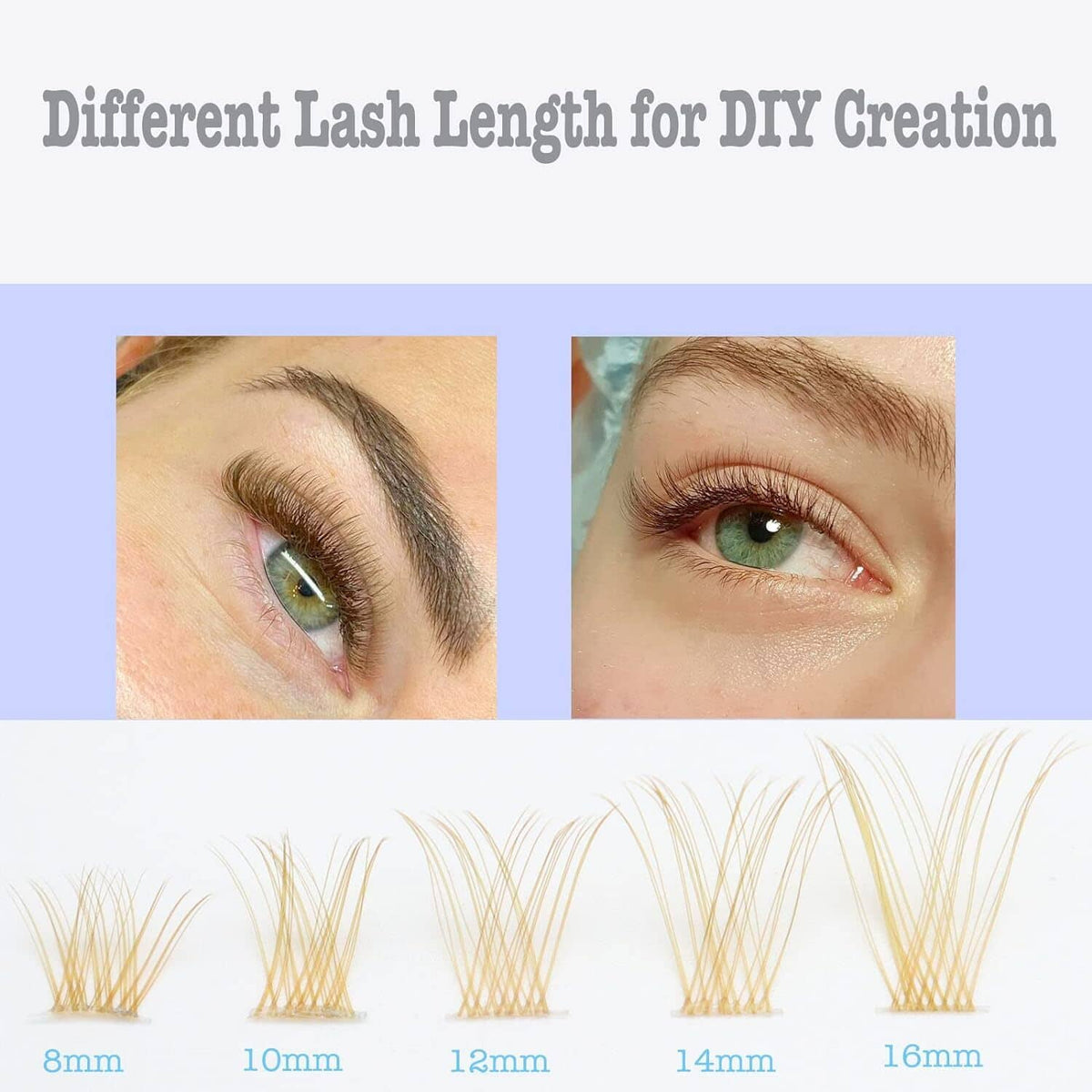 Natural brown lash clusters with varied lengths (8–16 mm) for DIY lash extension