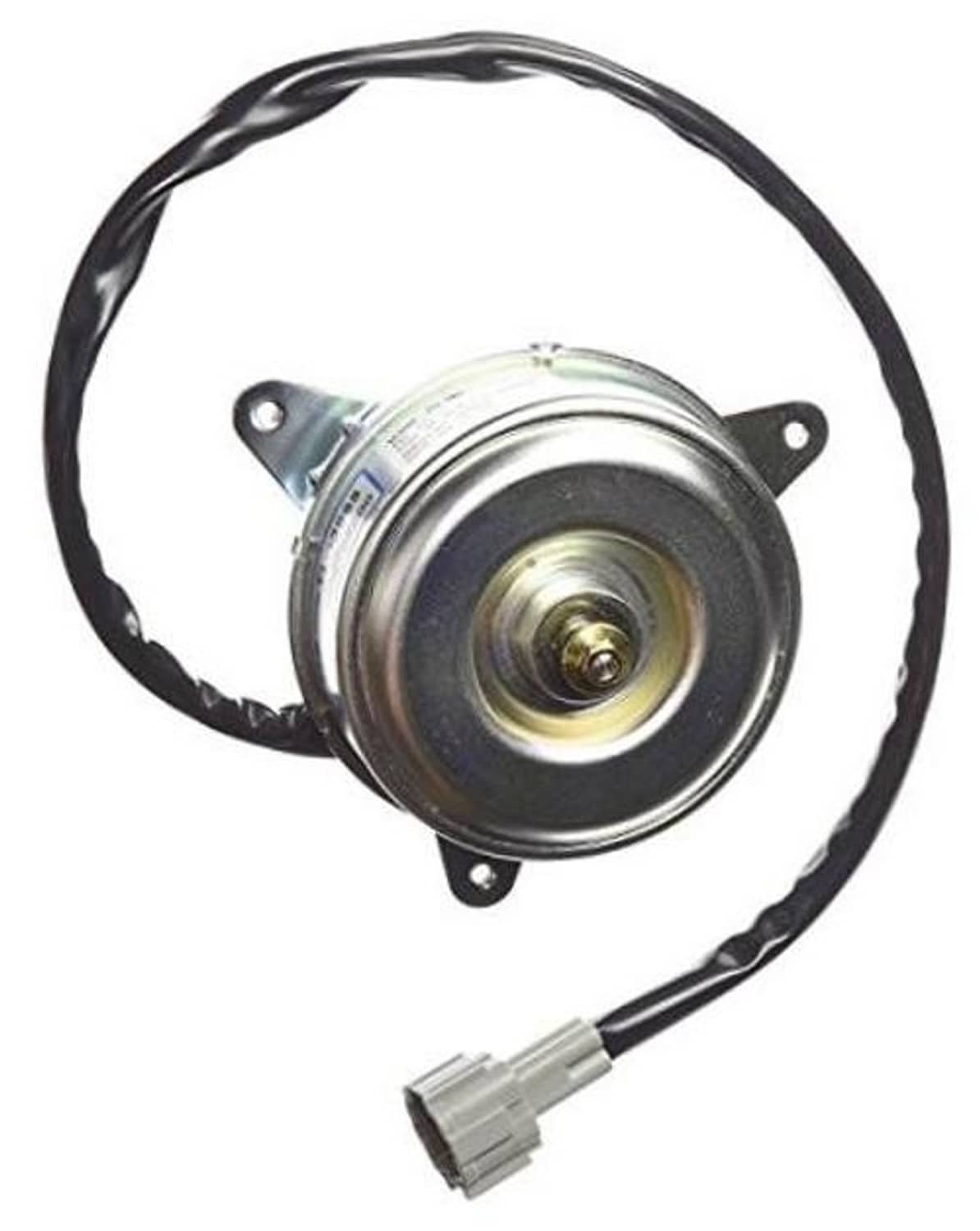 Radiator/condenser cooling fan motor with black wiring harness and gray electrical connector