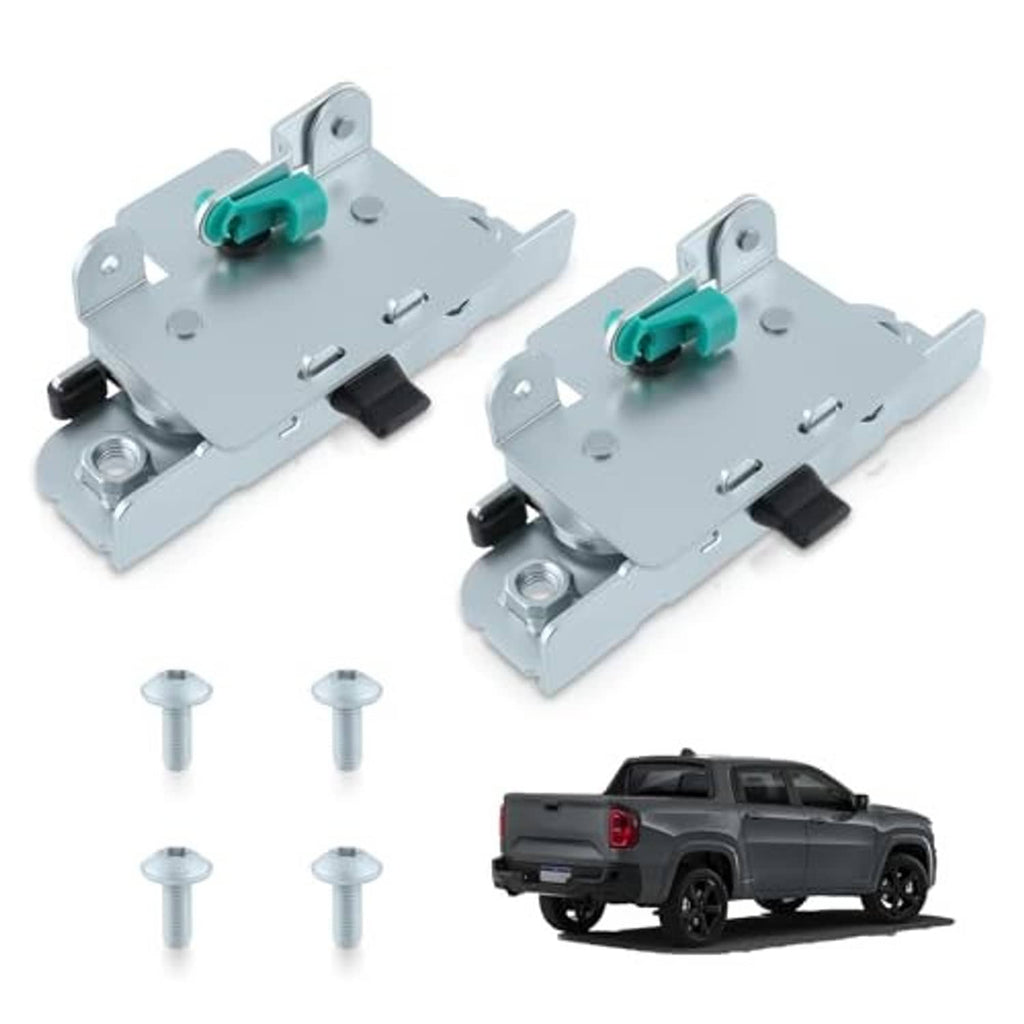 Pair of rear tailgate latches with teal release tabs and mounting bolts