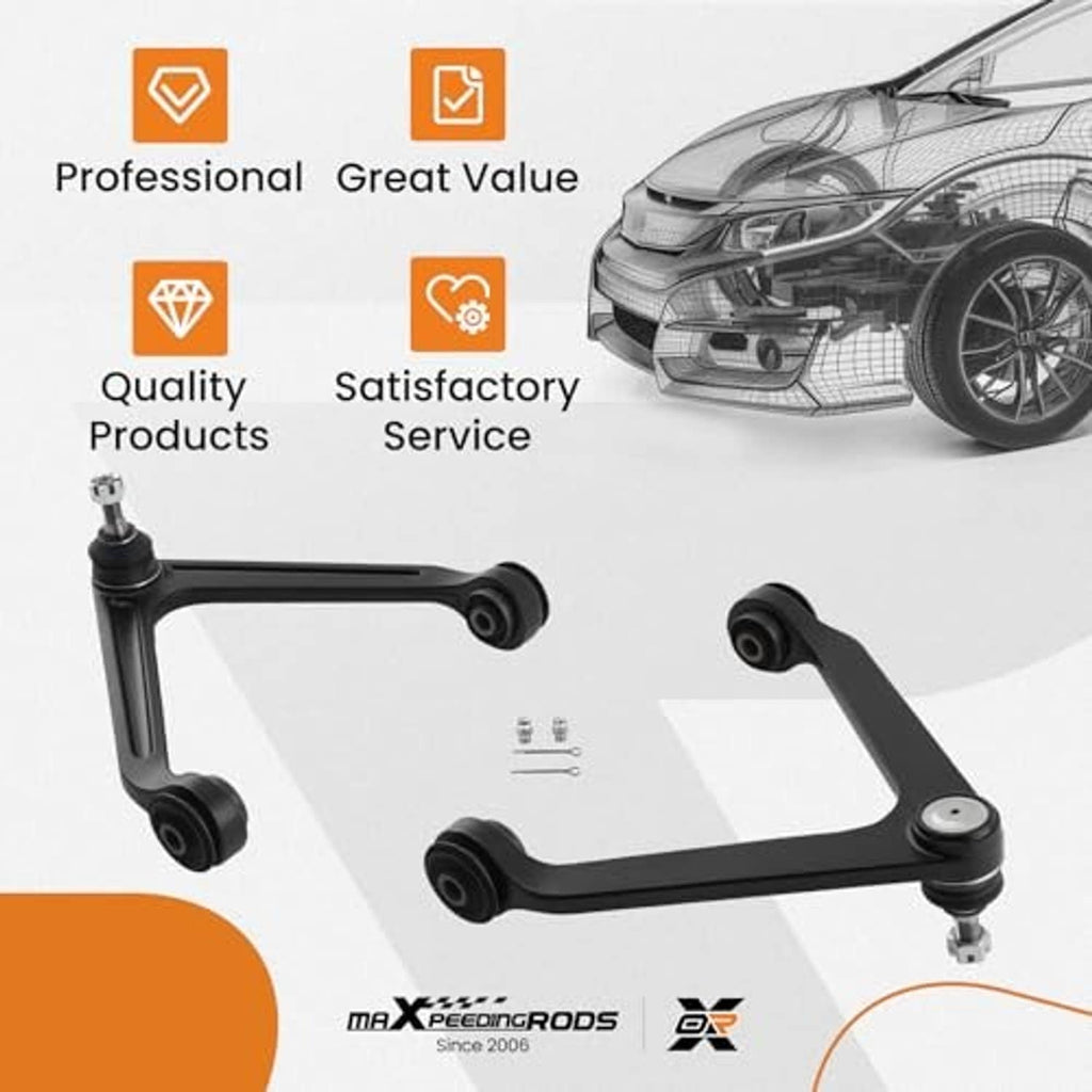 Front upper control arm set with ball joints, black arms shown with mounting bolts