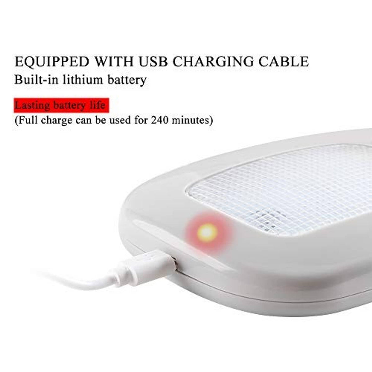 White dome reading light with USB charging cable connected