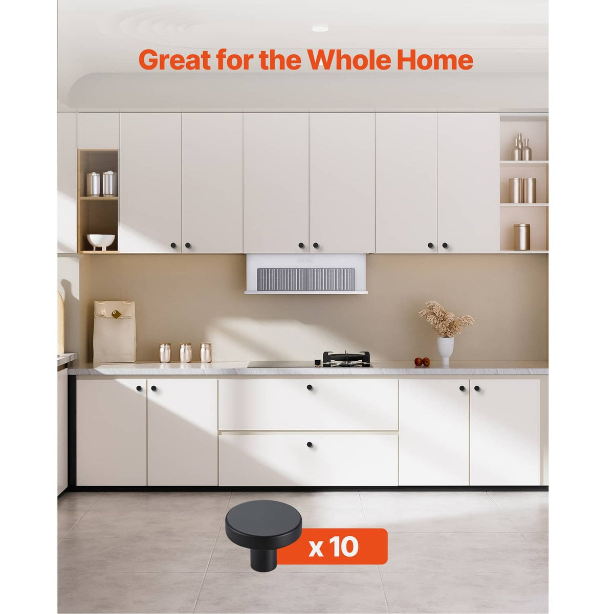 Black mushroom cabinet knobs in a kitchen setting, knob tops visible on drawers.
