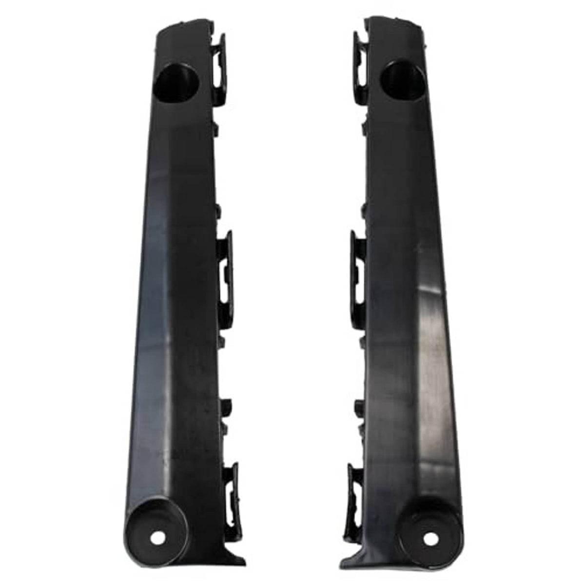 Front bumper bracket end view, black plastic with circular mounting hole and side clips