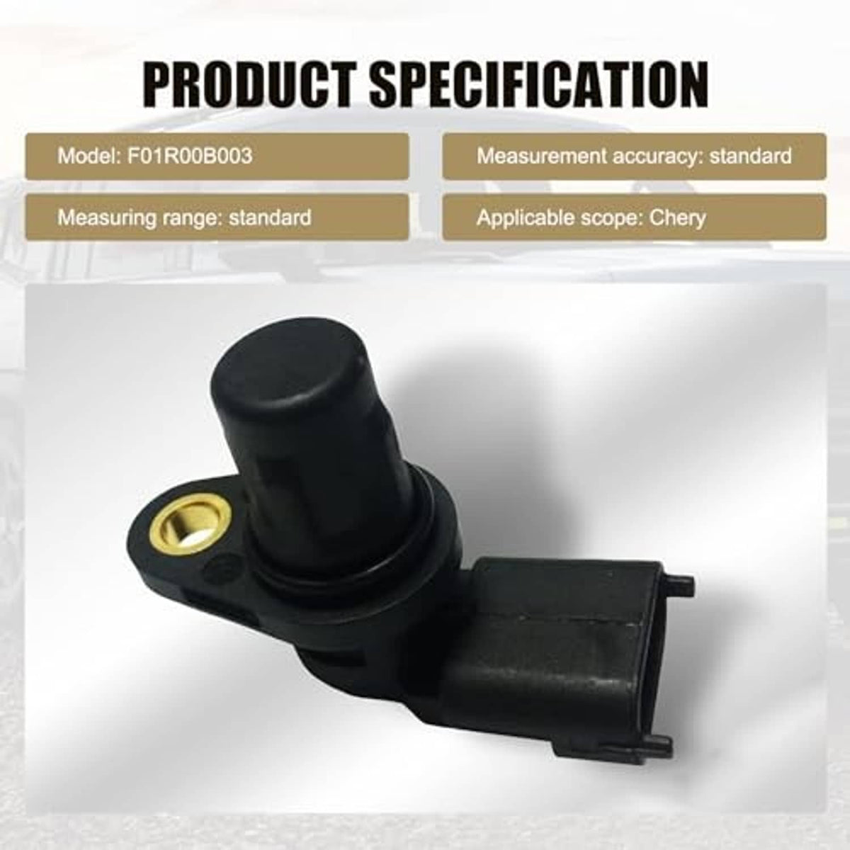 Black camshaft position sensor with gold mounting hole and connector body
