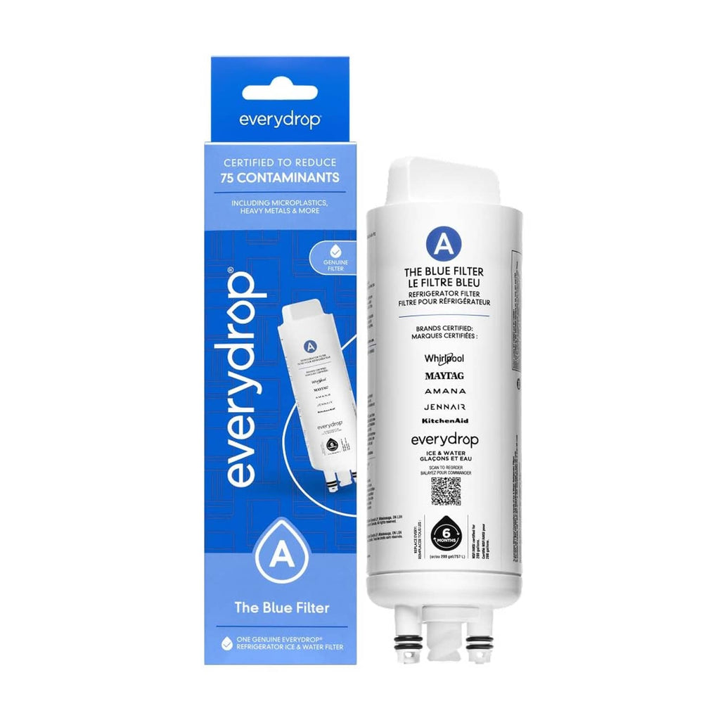 Refrigerator water filter cartridge, white with blue A label and two connectors.