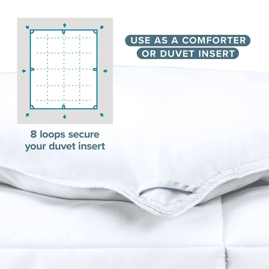 White down-alternative comforter showing corner loops to secure a duvet insert